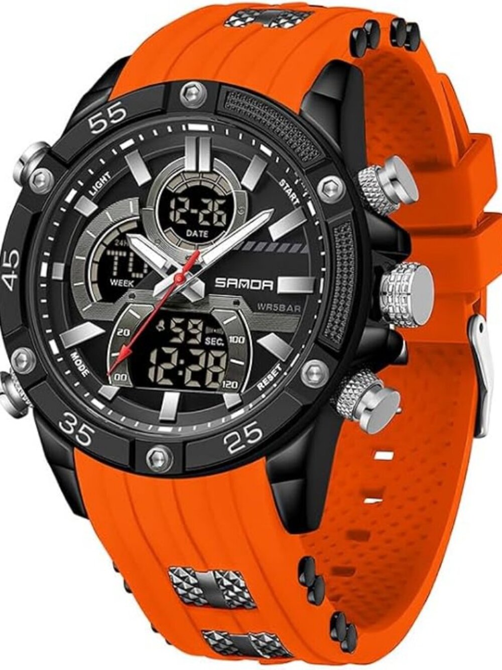 Men's Black Orange Digital Analog 50M Silicone Band Chronograph Wrist Watch